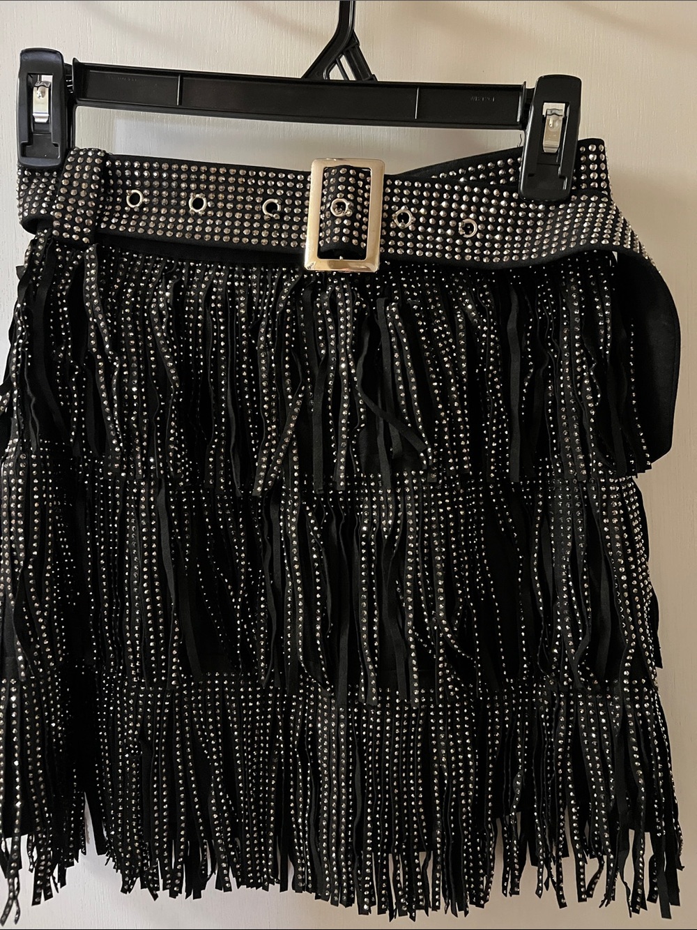 Kiwi Black Studded Fringe Mini Skirt with Belt